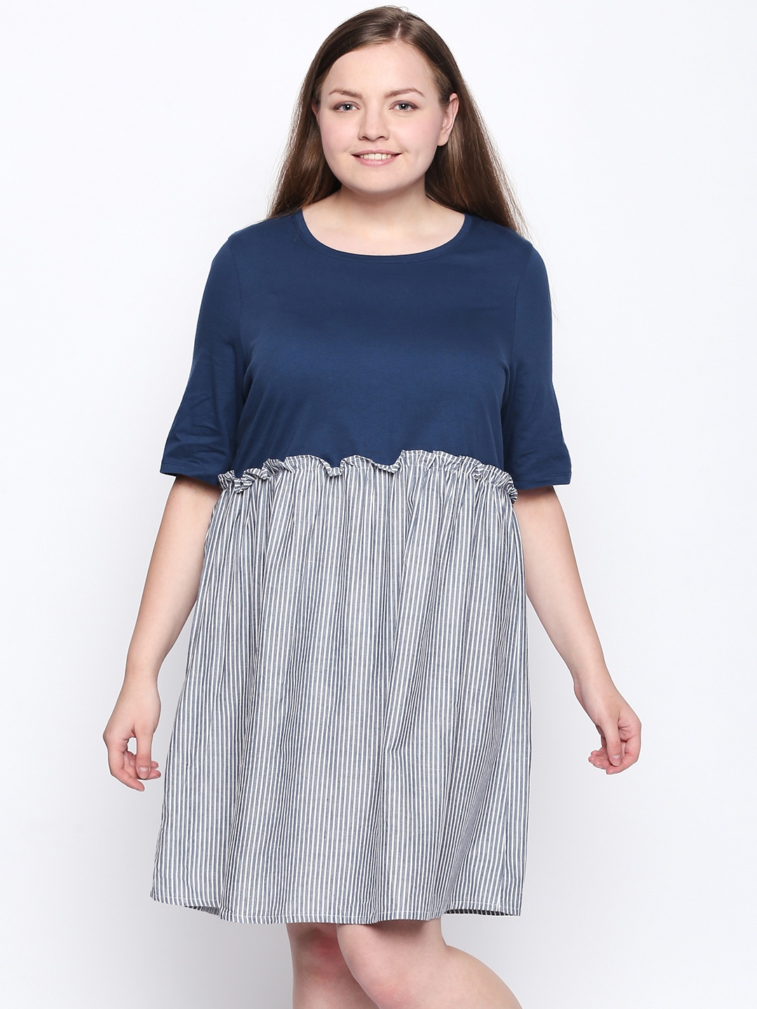 

JUNAROSE Plus Size Women Navy Blue and Off White Striped Fit and Flare Dress