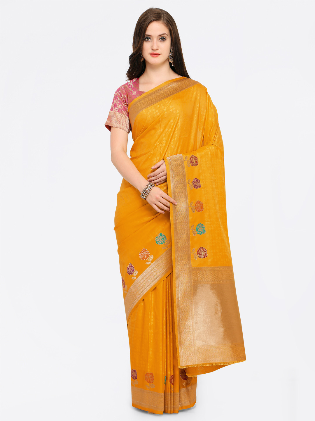 

Shaily Yellow & Green Pure Silk Embroidered Banarasi Saree