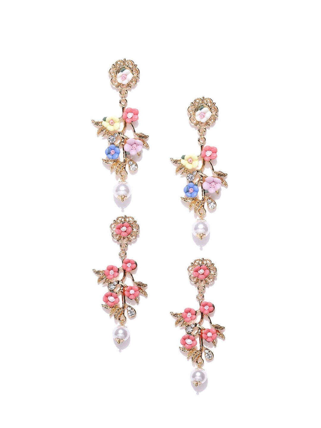 

Crunchy Fashion Women Multicoloured & Pink Set of 2 Floral Drop Earrings, Multi