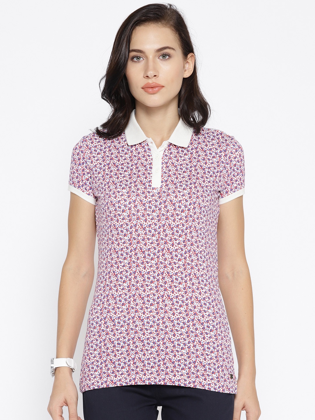 

U.S. Polo Assn. Women Women White & Blue Printed Polo Collar T-shirt