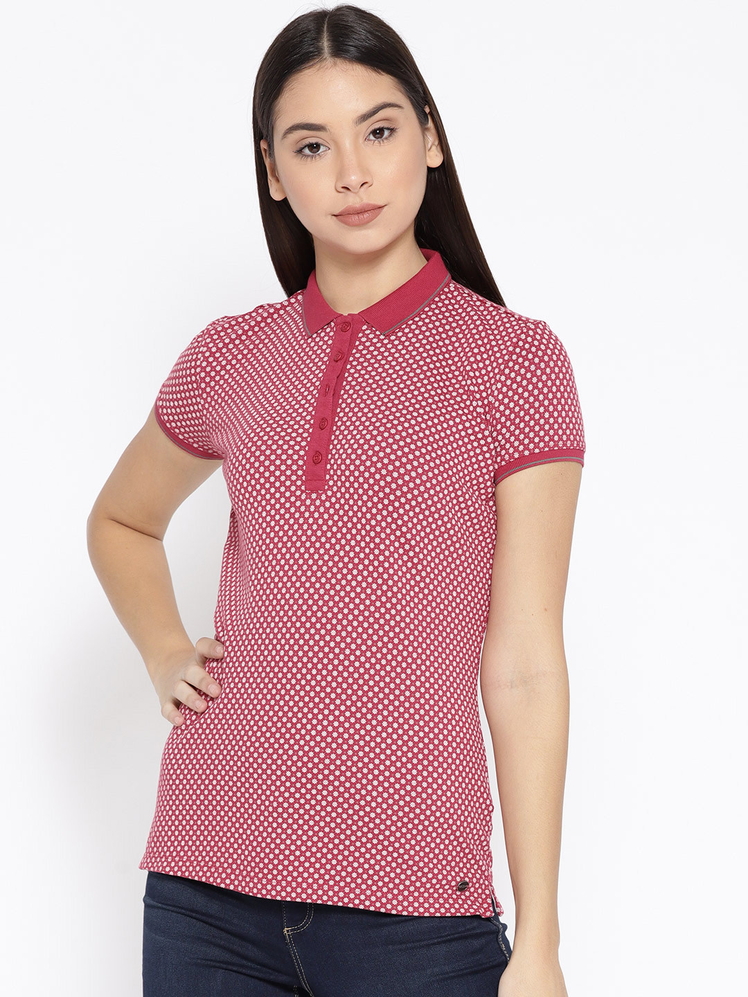 

U.S. Polo Assn. Women Women Red Printed Polo Collar T-shirt
