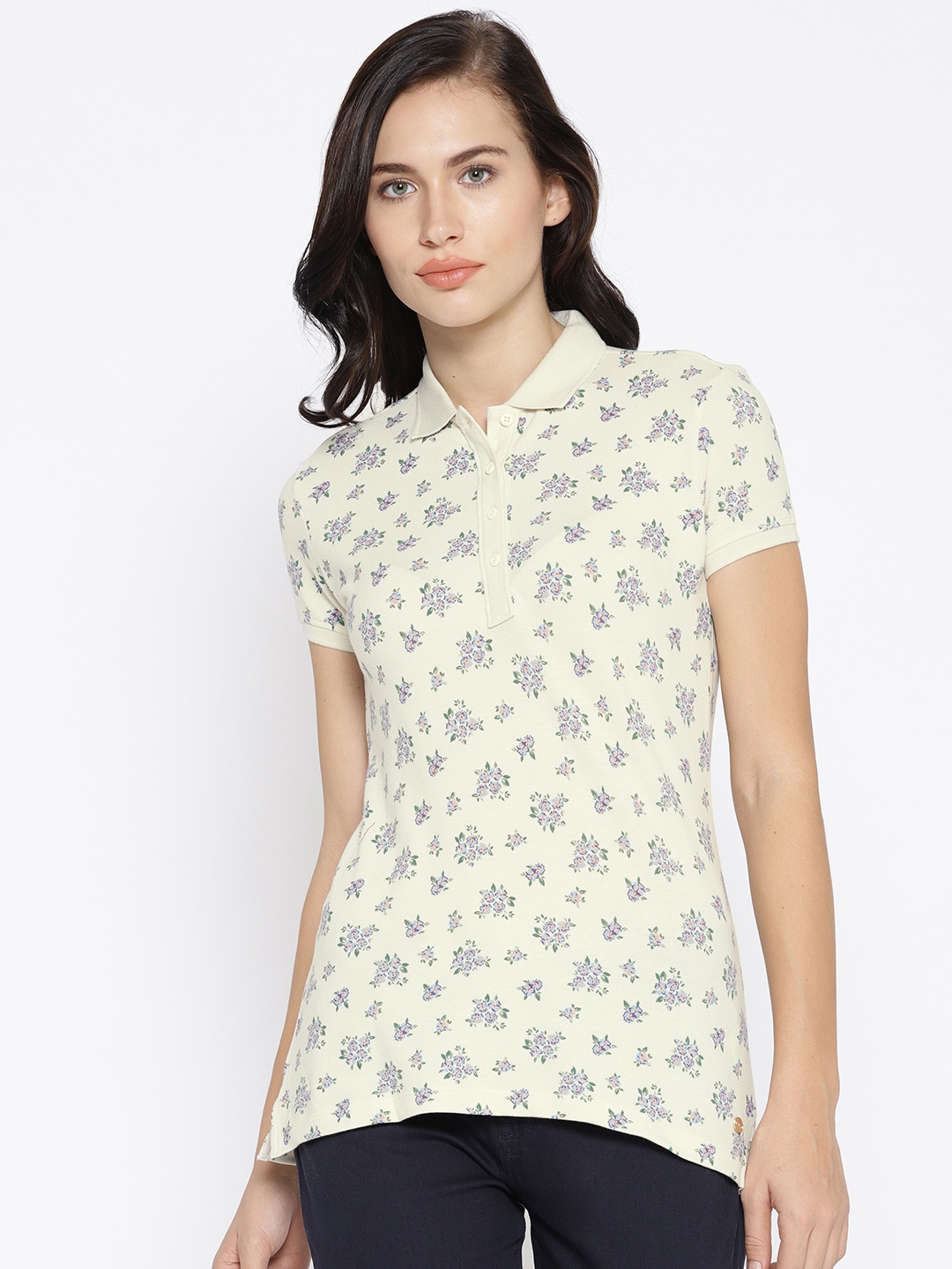 

U.S. Polo Assn. Women Women Cream-Coloured & Blue Printed Polo Collar T-shirt