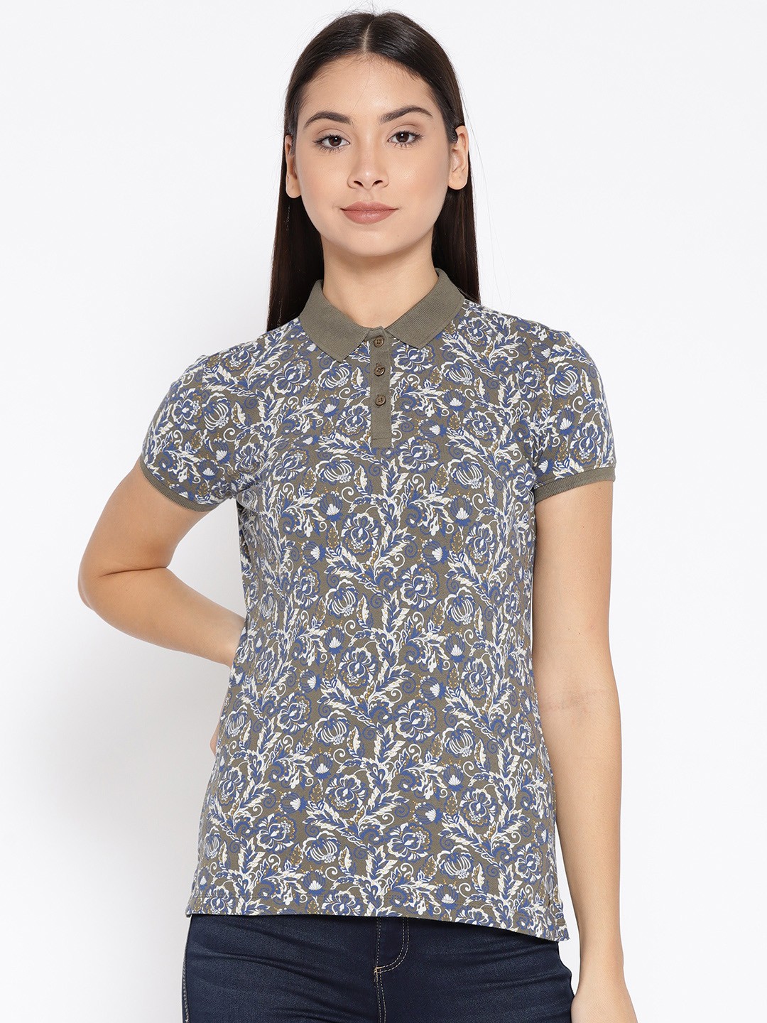 

U.S. Polo Assn. Women Women Olive Green & Blue Printed Polo Collar T-shirt
