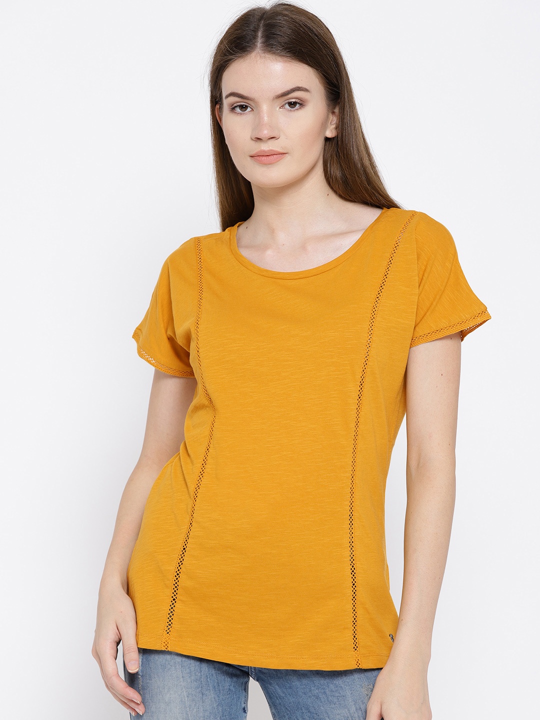

U.S. Polo Assn. Women Mustard Yellow Solid Pure Cotton Top