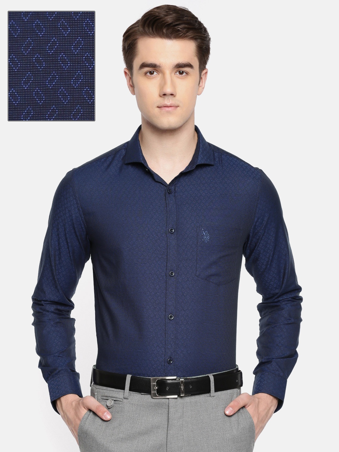 

U.S. Polo Assn. Men Navy Blue Slim Fit Self Design Formal Shirt