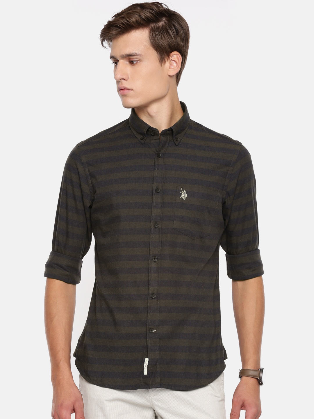 

U.S. Polo Assn. Men Brown Tailored Fit Striped Casual Shirt