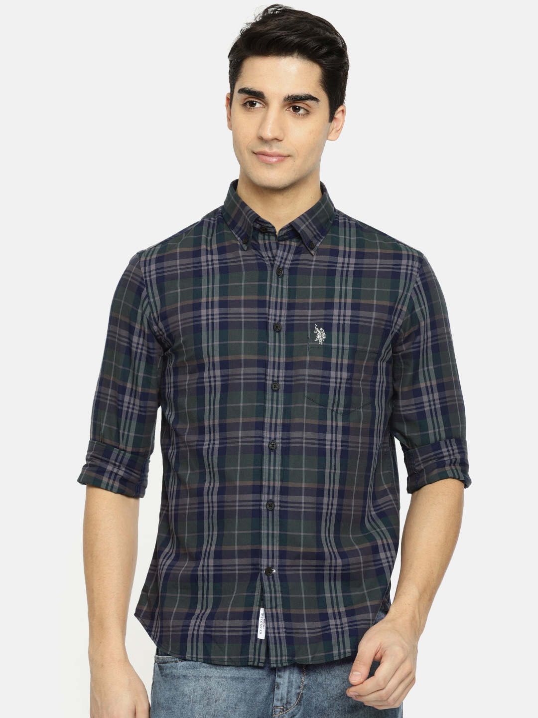 

U.S. Polo Assn. Men Navy Blue & Green Tailored Fit Checked Casual Shirt