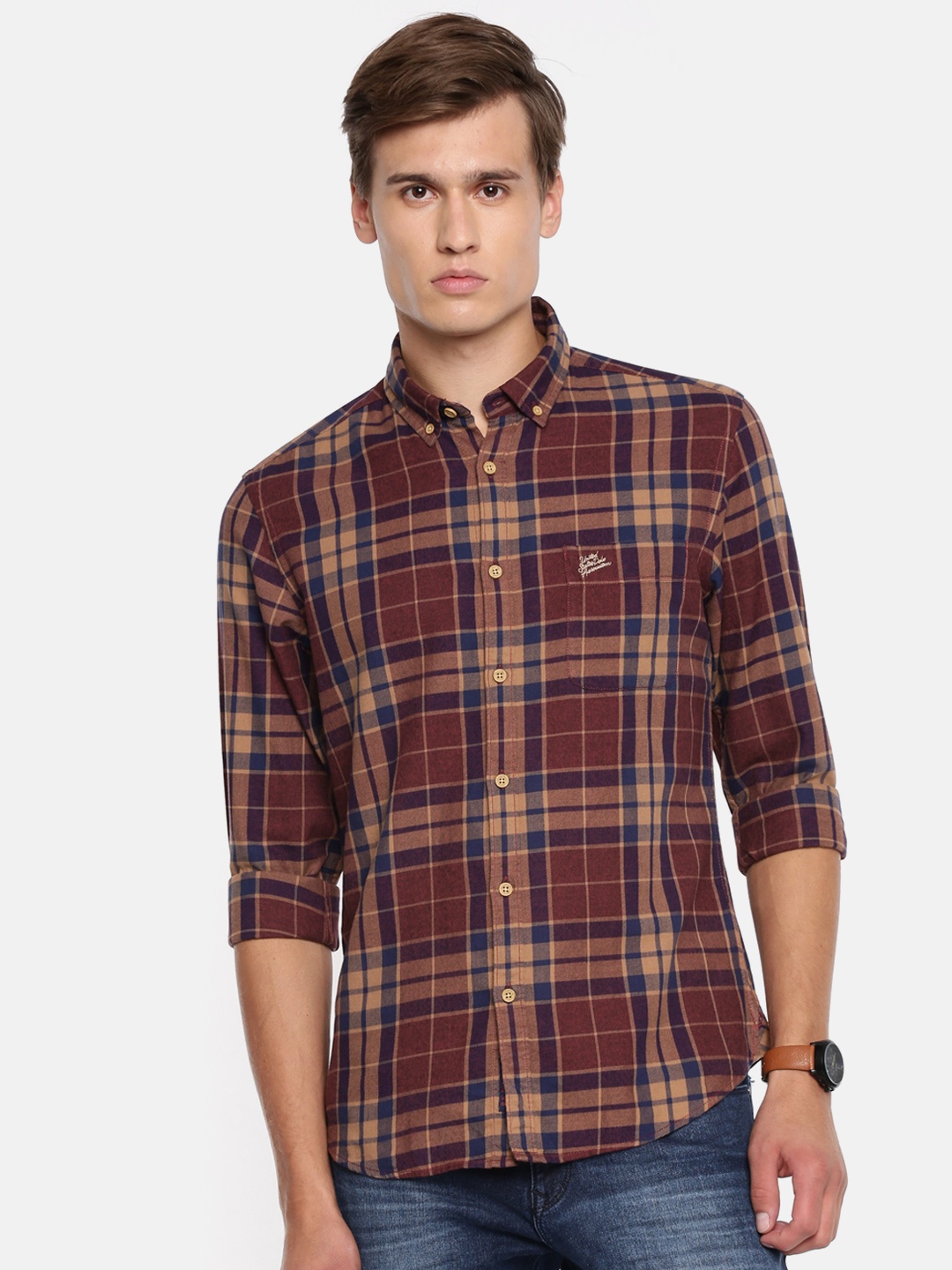 

U.S. Polo Assn. Denim Co. Men Maroon & Blue Slim Fit Checked Casual Shirt