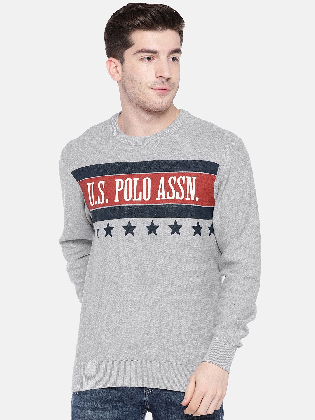 

U.S. Polo Assn. Denim Co. Men Grey Melange Printed Pullover