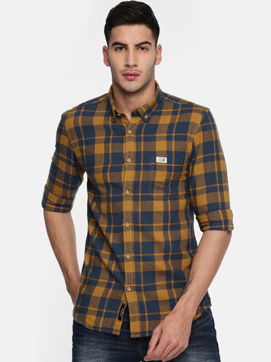 

U.S. Polo Assn. Denim Co. Men Navy Blue & Mustard Yellow Slim Fit Checked Casual Shirt