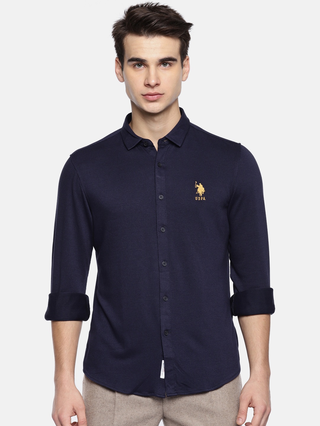 

U.S. Polo Assn. Men Navy Regular Fit Solid Casual Shirt, Navy blue