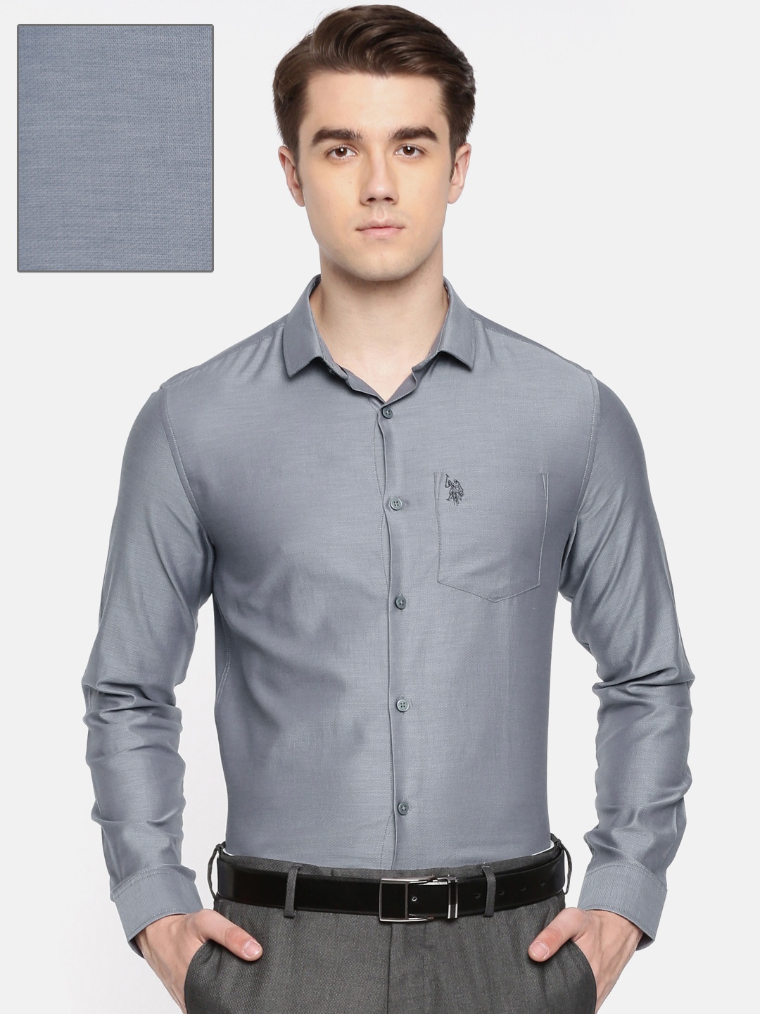 

U.S. Polo Assn. Men Grey Slim Fit Solid Formal Shirt