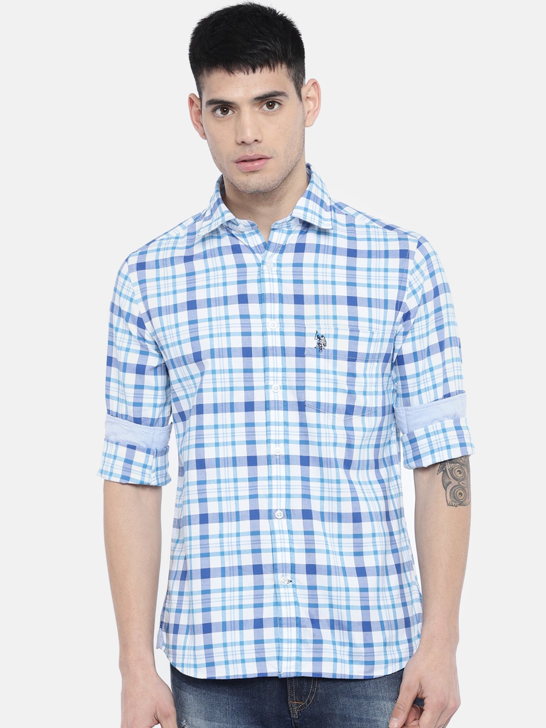 

U.S. Polo Assn. Men Blue & White Tailored Fit Checked Casual Shirt