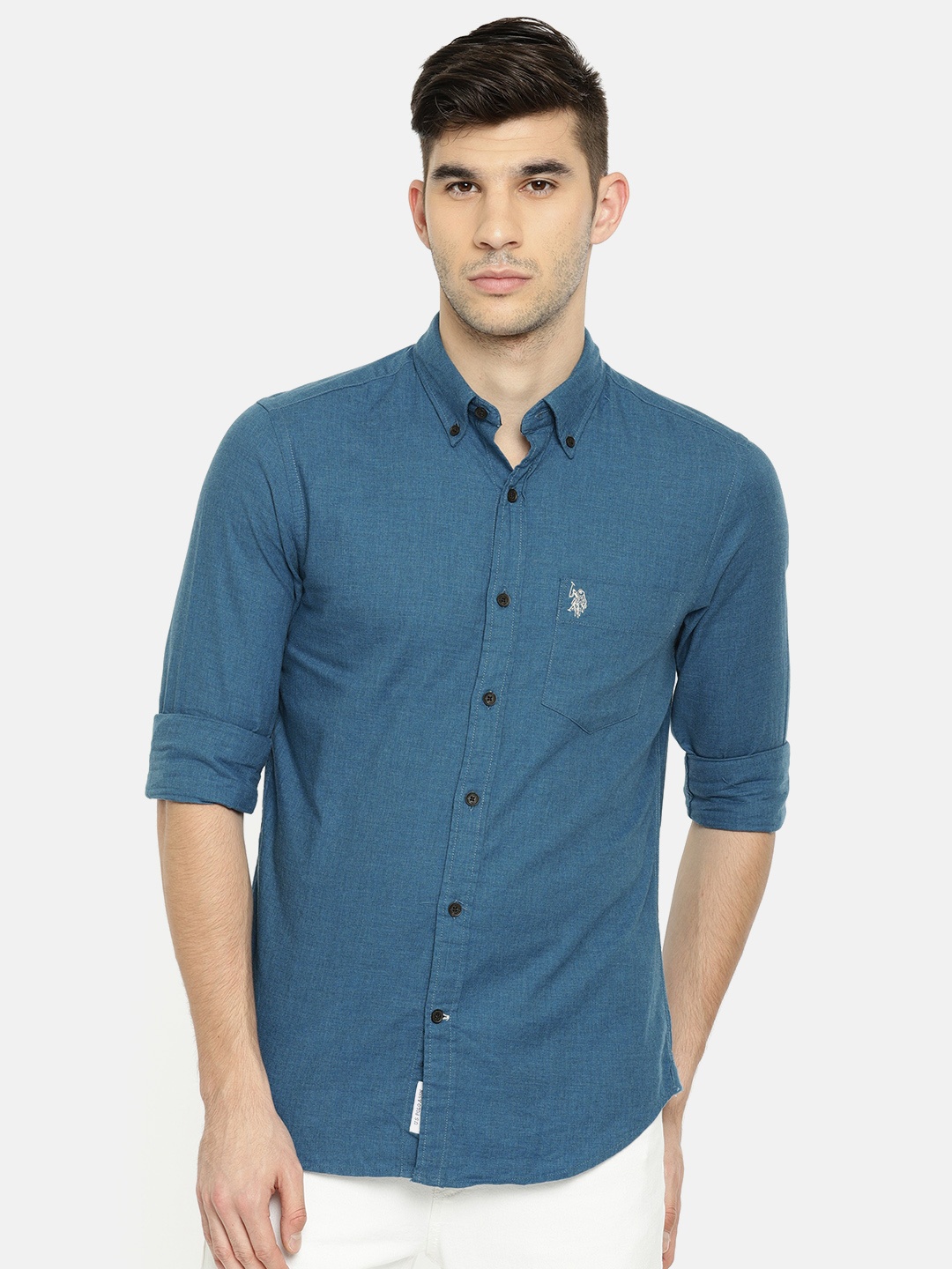 

U.S. Polo Assn. Men Blue Tailored Fit Solid Casual Shirt