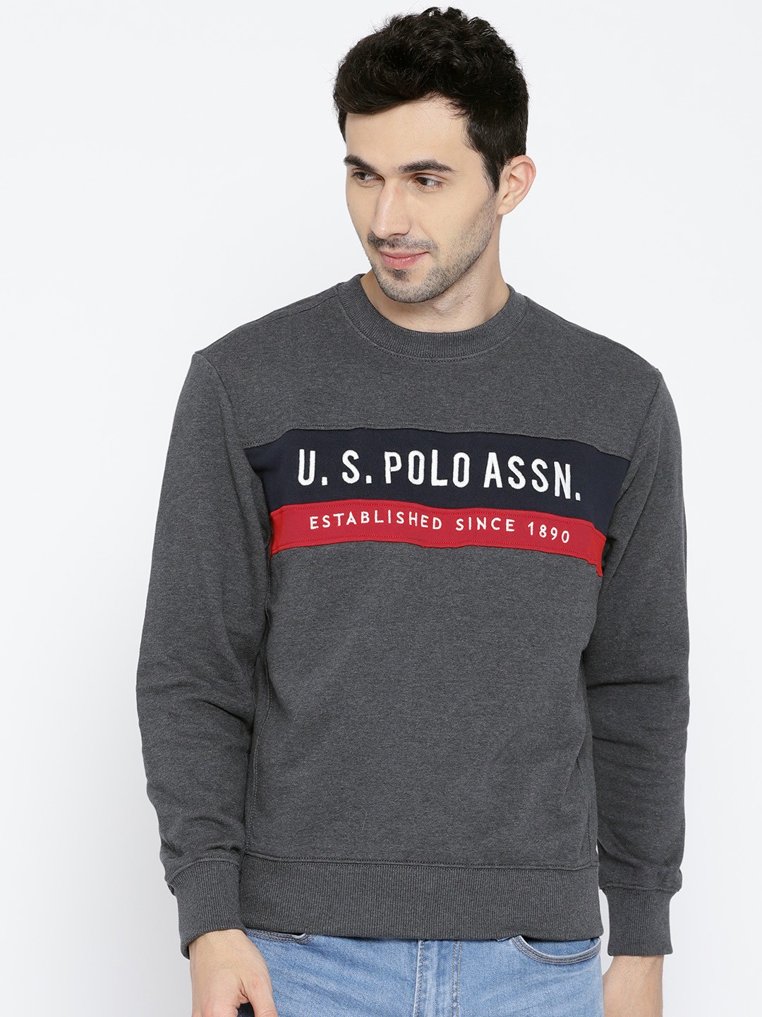 

U.S. Polo Assn. Men Charcoal Grey Self-Design Sweatshirt