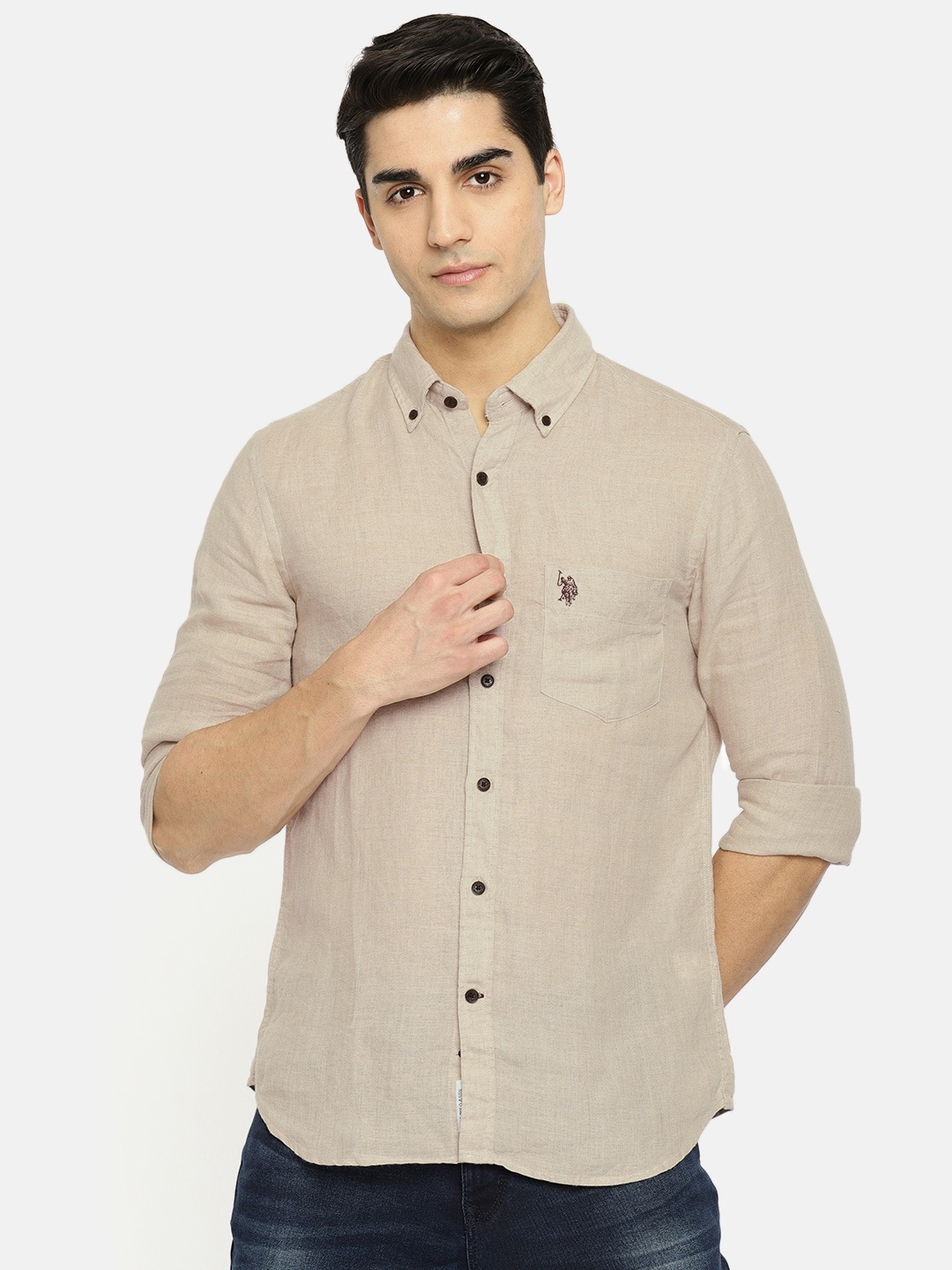 

U.S. Polo Assn. Men Beige Tailored Fit Solid Casual Linen Shirt