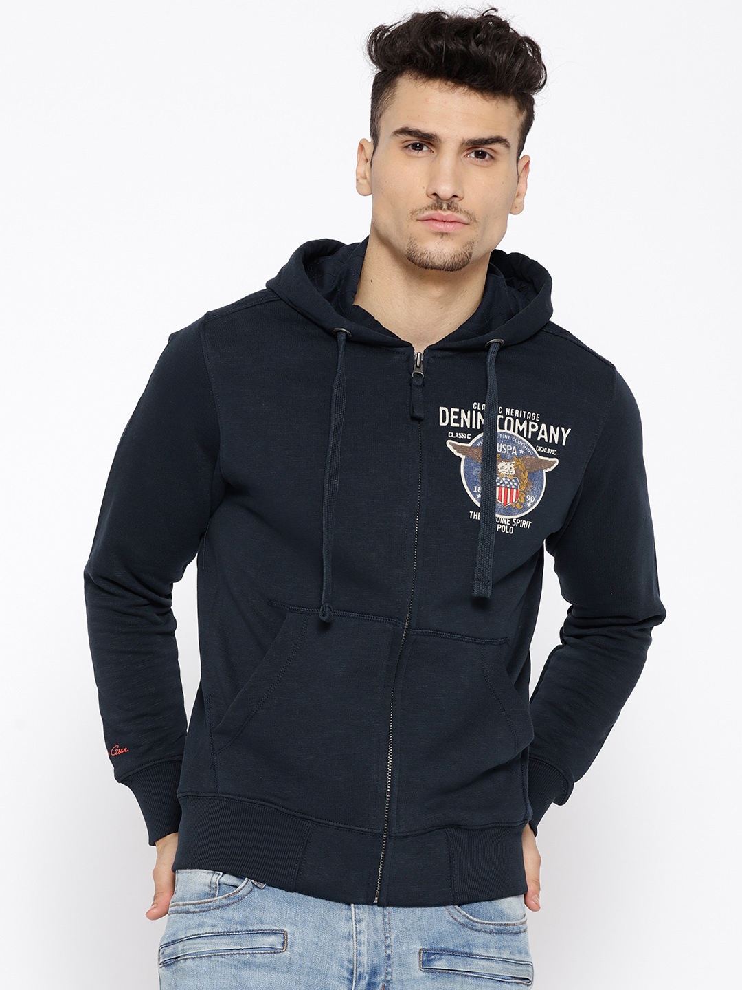 

U.S. Polo Assn. Denim Co. Men Navy Blue Solid Hooded Sweatshirt