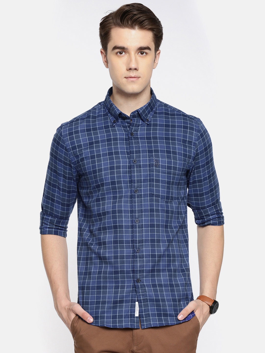 

U.S. Polo Assn. Men Blue Tailored Fit Checked Casual Shirt
