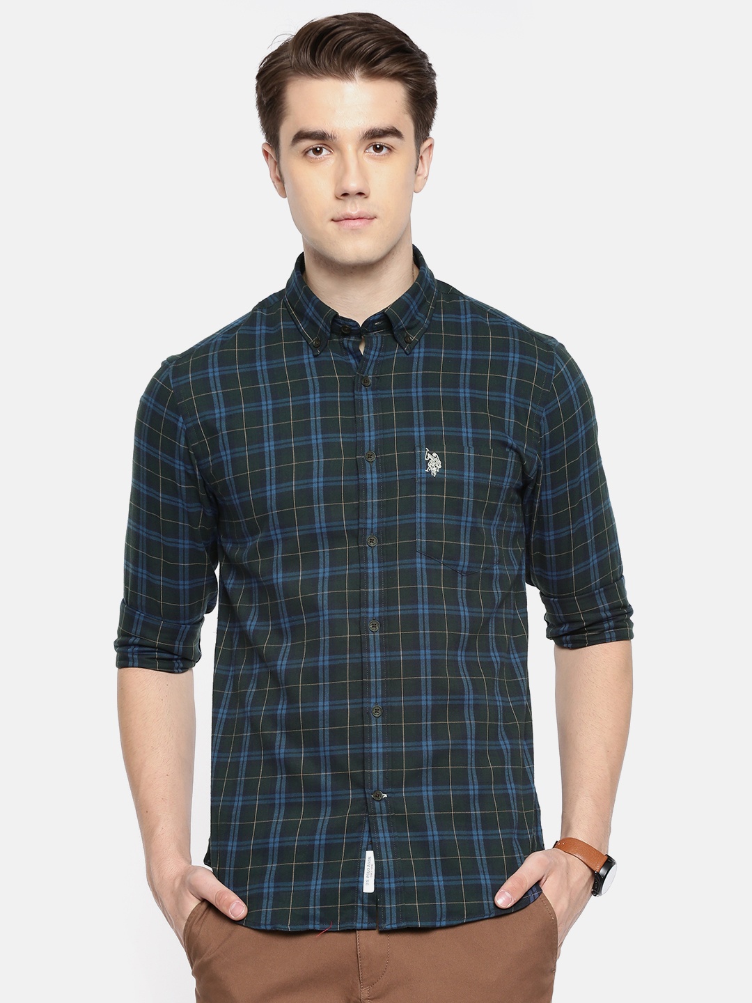 

U.S. Polo Assn. Men Olive Green & Blue Tailored Fit Checked Casual Shirt