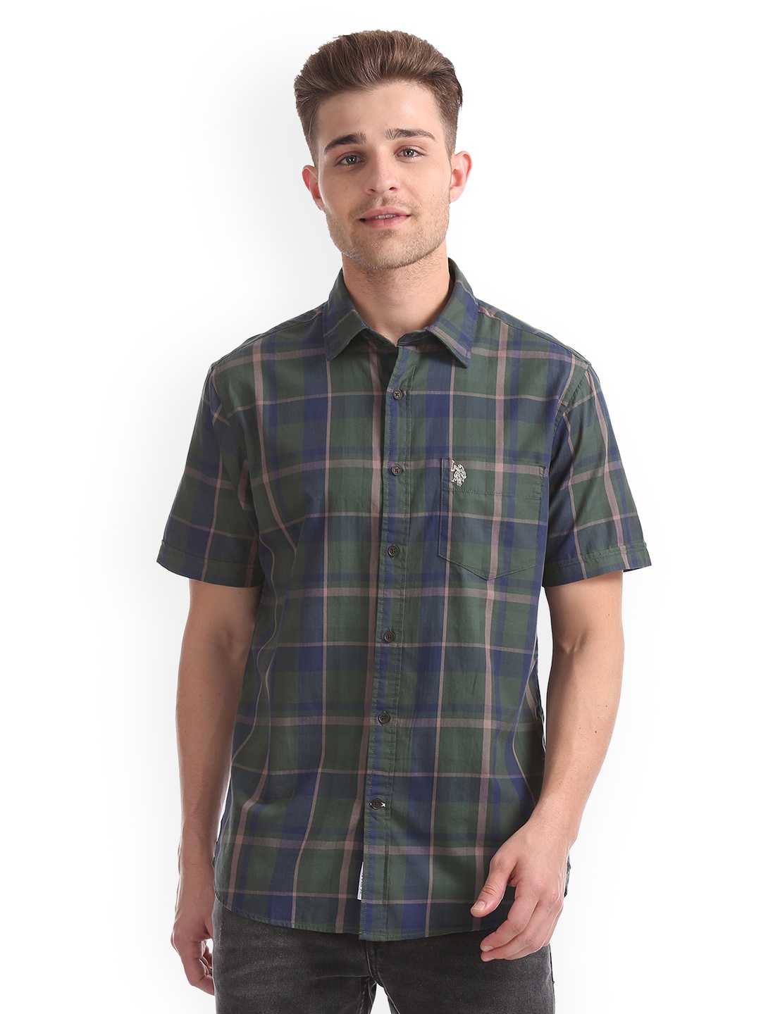 

U.S. Polo Assn. Men Green & Navy Blue Regular Fit Checked Casual Shirt