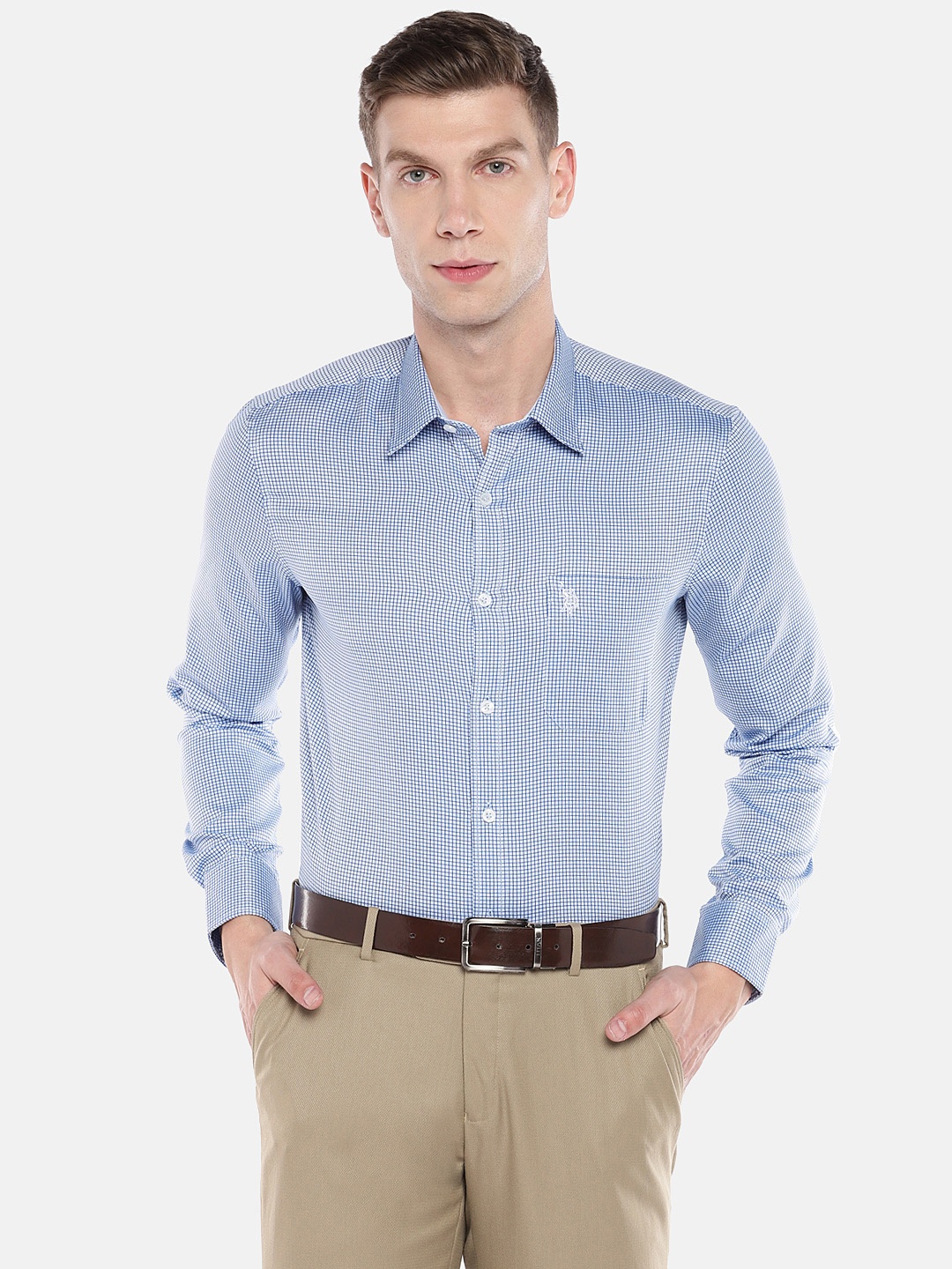 

U.S. Polo Assn. Men Blue & White Tailored Fit Checked Casual Shirt