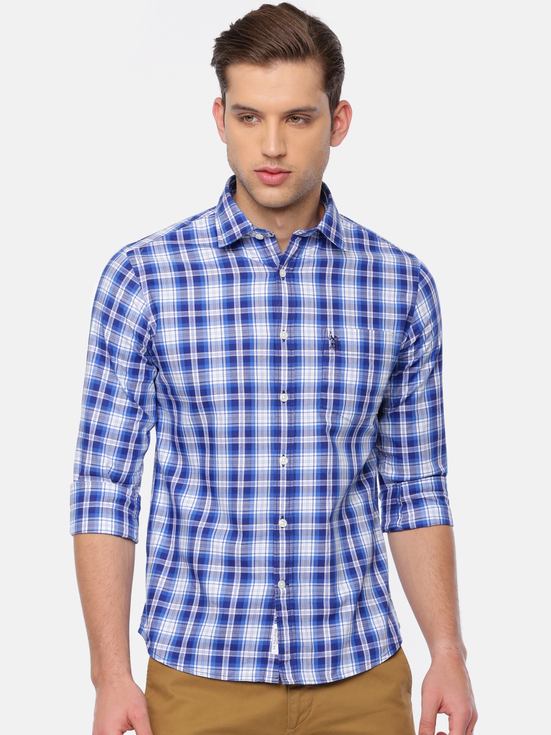 

U.S. Polo Assn. Men Blue & White Tailored Fit Checked Casual Shirt