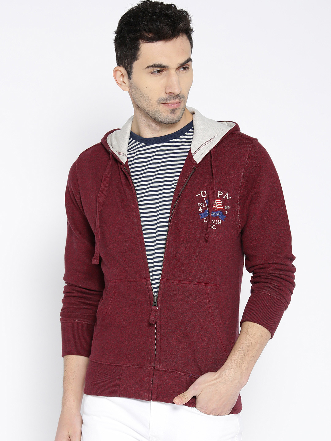 

U.S. Polo Assn. Denim Co. Men Maroon Solid Hooded Sweatshirt