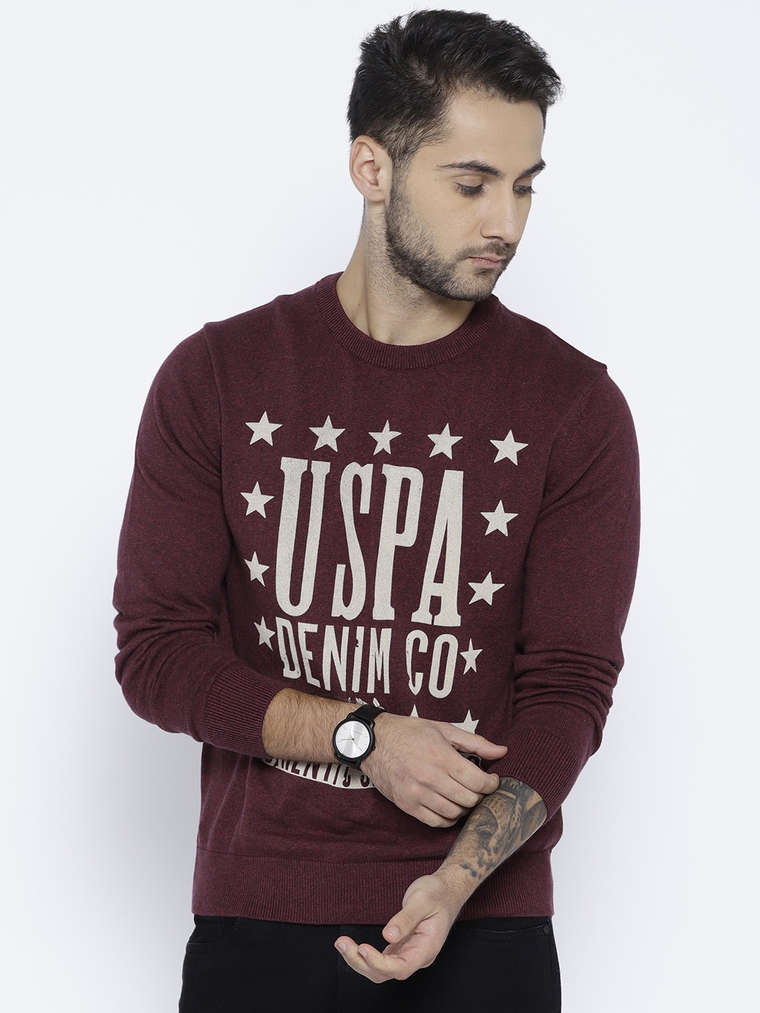 

U.S. Polo Assn. Denim Co. Men Burgundy & White Printed Pullover