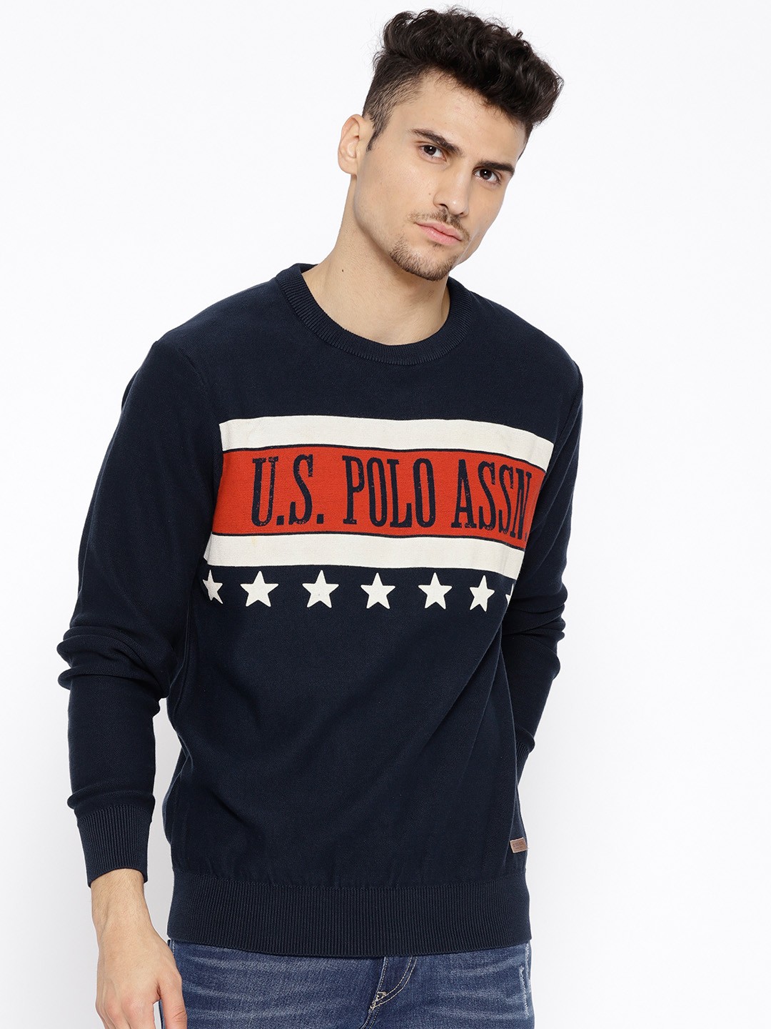 

U.S. Polo Assn. Denim Co. Men Navy Blue & Red Printed Pullover