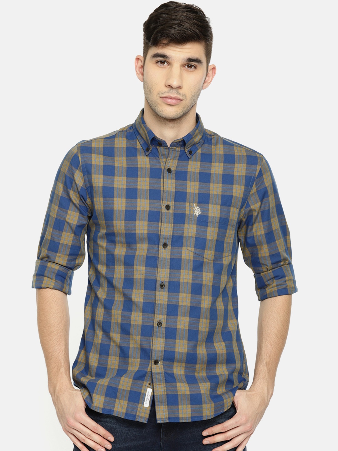 

U.S. Polo Assn. Men Blue & Beige Tailored Fit Checked Casual Shirt