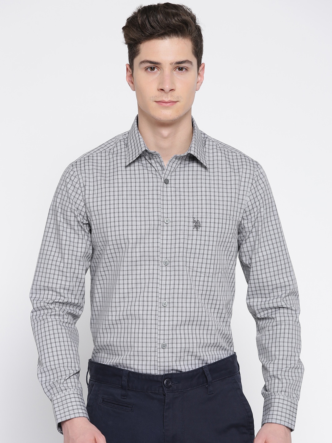 

U.S. Polo Assn. Men Grey Tailored Fit Checked Formal Shirt
