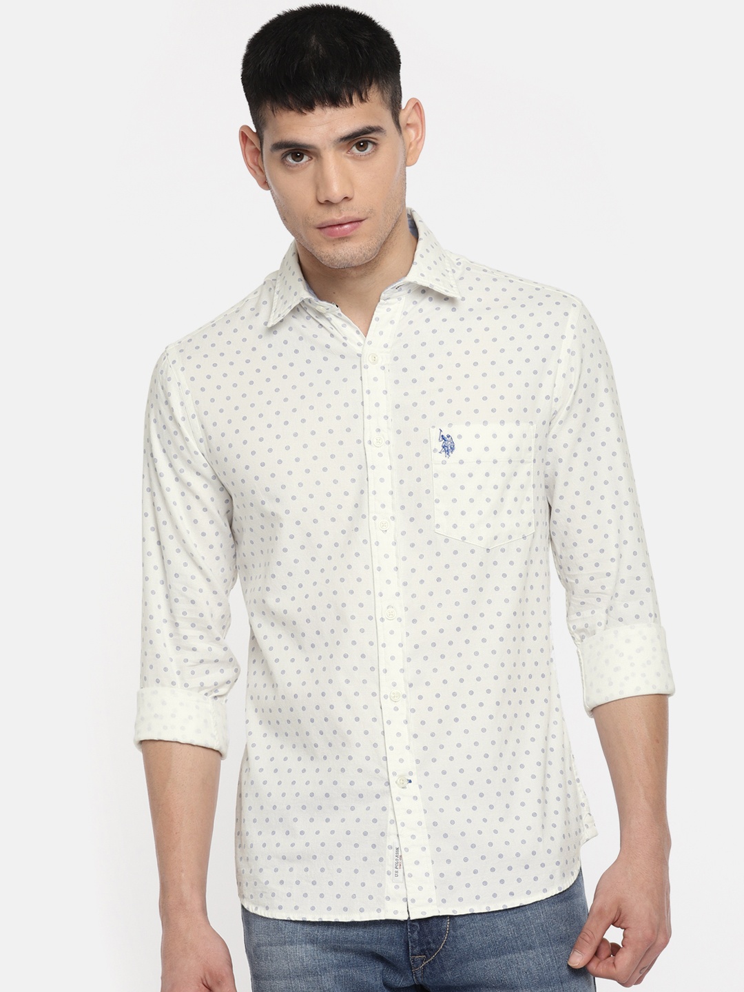 

U.S. Polo Assn. Men White & Blue Tailored Fit Printed Casual Shirt