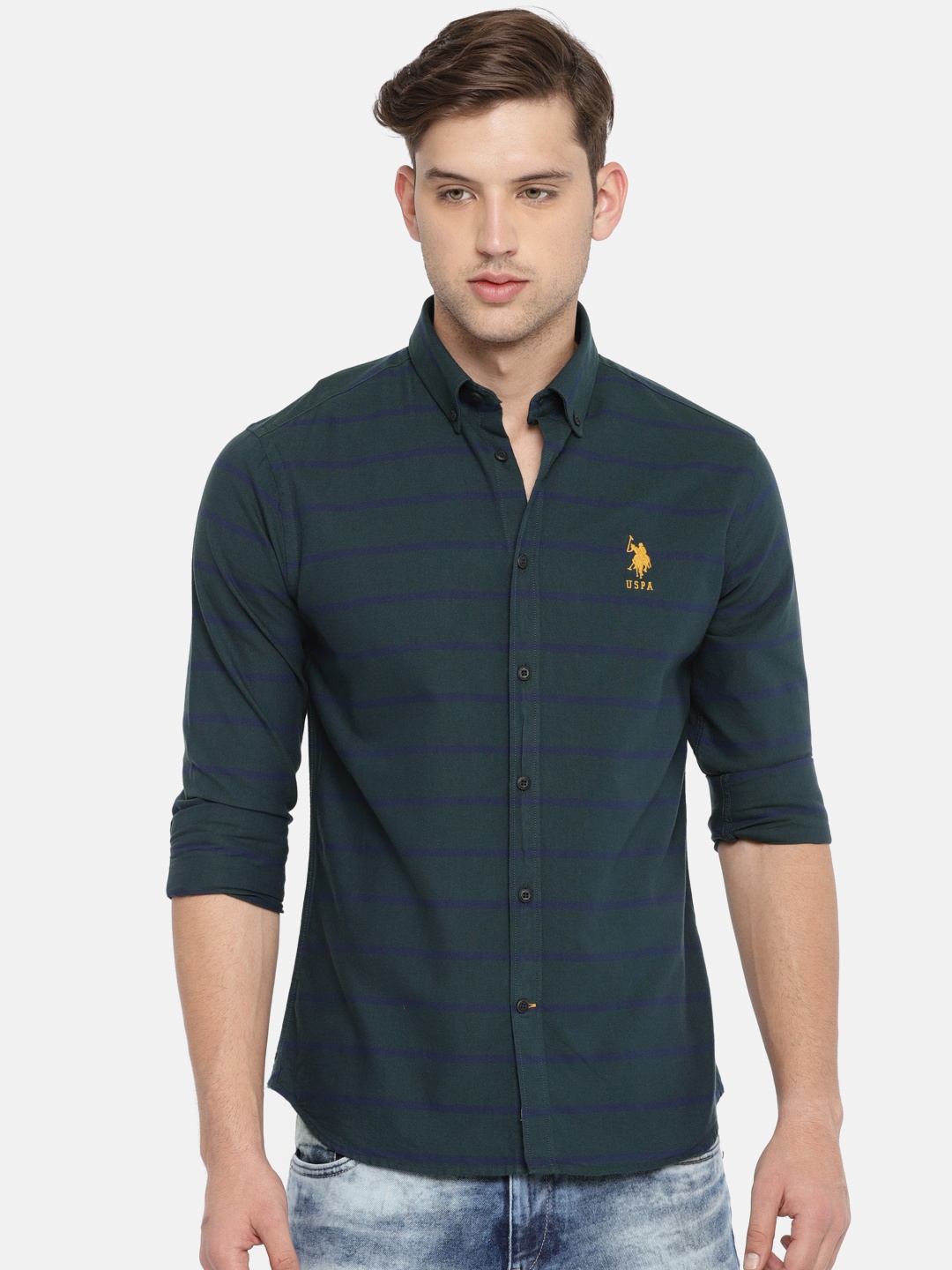

U.S. Polo Assn. Men Teal Green Tailored Fit Striped Casual Shirt