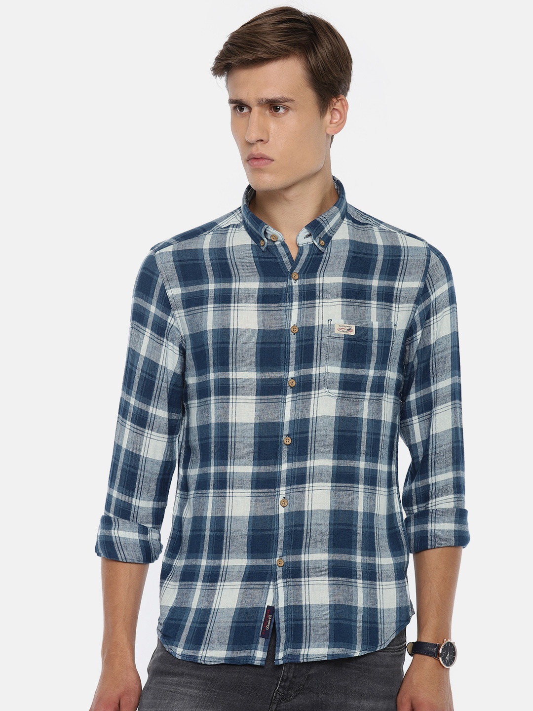 

U.S. Polo Assn. Denim Co. Men Blue & White Slim Fit Checked Casual Shirt