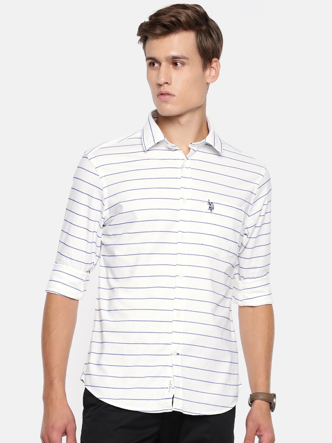 

U.S. Polo Assn. Men White & Blue Tailored Fit Striped Casual Shirt