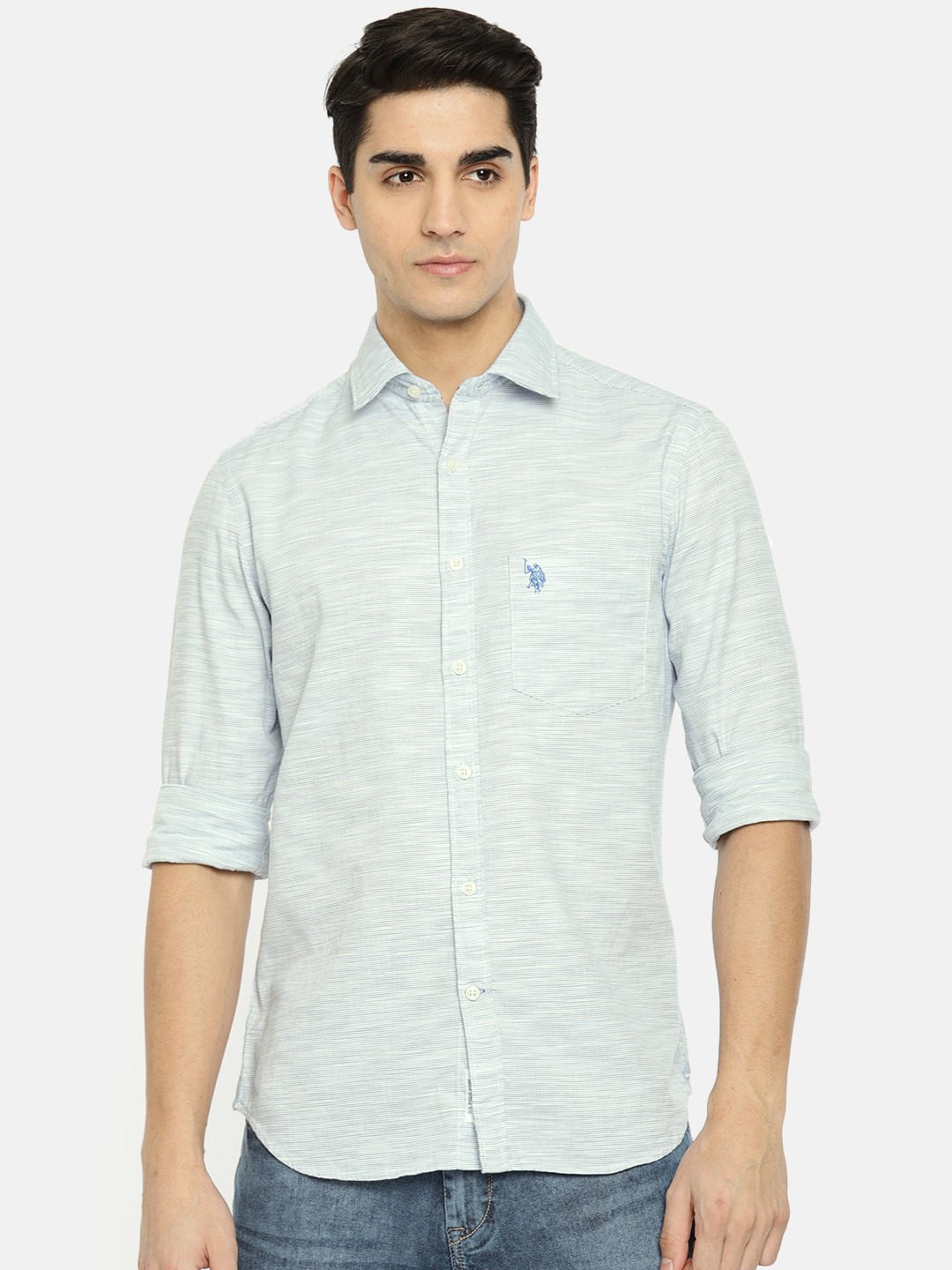 

U.S. Polo Assn. Men Blue Regular Fit Self-Design Casual Shirt
