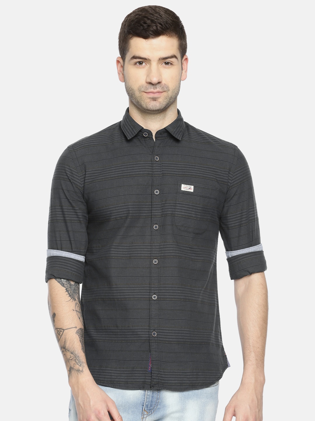 

U.S. Polo Assn. Denim Co. Men Charcoal Grey Slim Fit Striped Casual Shirt