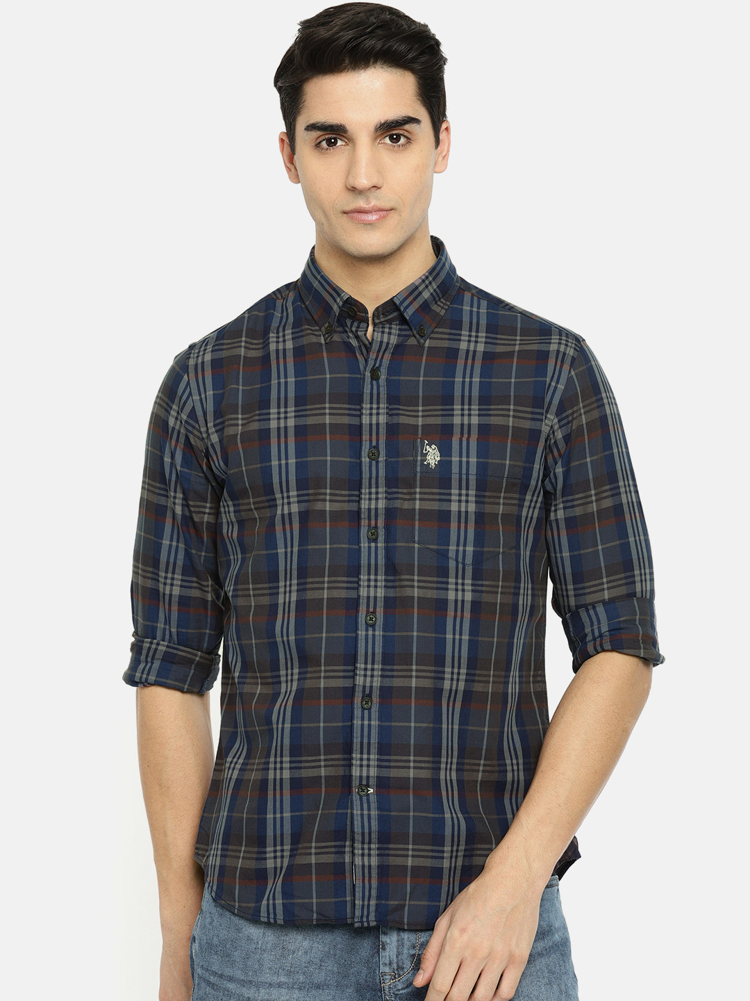 

U.S. Polo Assn. Men Navy Blue & Grey Regular Fit Checked Casual Shirt