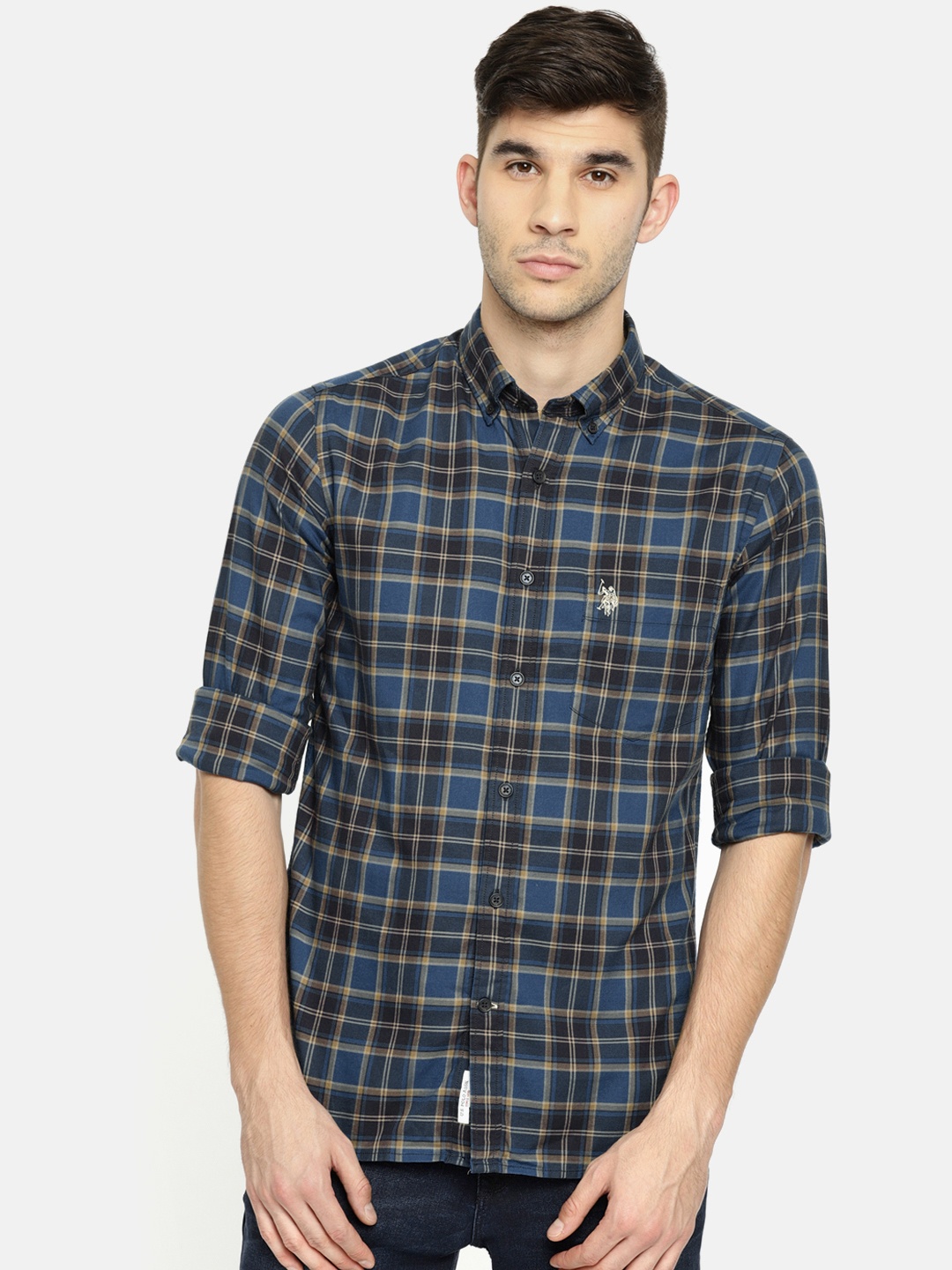 

U.S. Polo Assn. Men Blue & Brown Tailored Fit Checked Casual Shirt