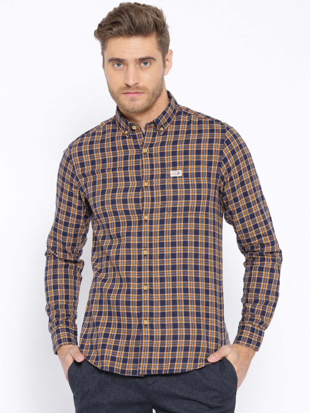 

U.S. Polo Assn. Denim Co. Men Navy Blue & Orange Slim Fit Checked Casual Shirt