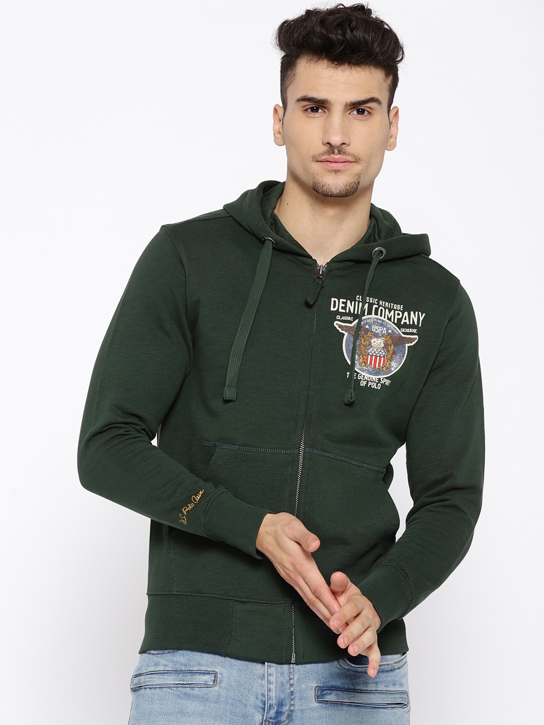 

U.S. Polo Assn. Denim Co. Men Green Solid Hooded Sweatshirt
