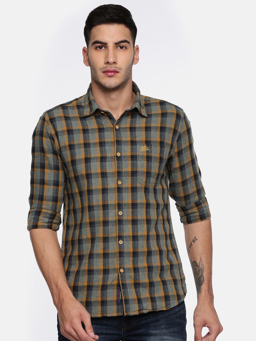 

U.S. Polo Assn. Denim Co. Men Grey & Brown Slim Fit Checked Casual Shirt