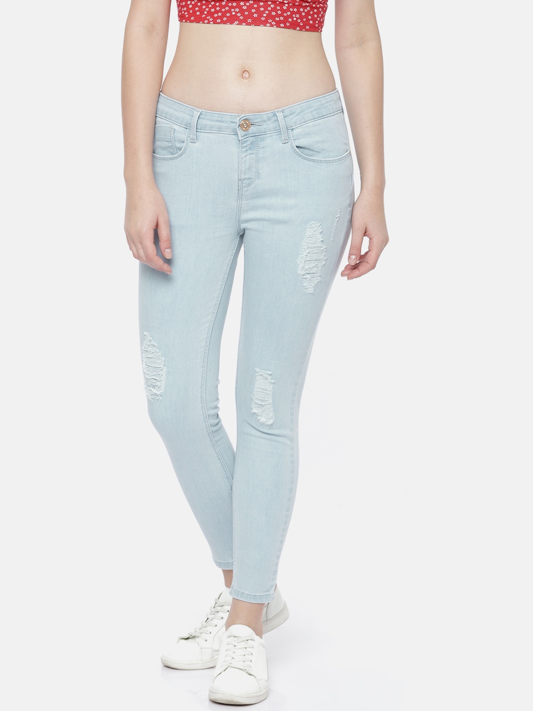 

Jealous 21 Women Blue Hottie Skinny Fit Mid-Rise Low Distress Stretchable Cropped Jeans
