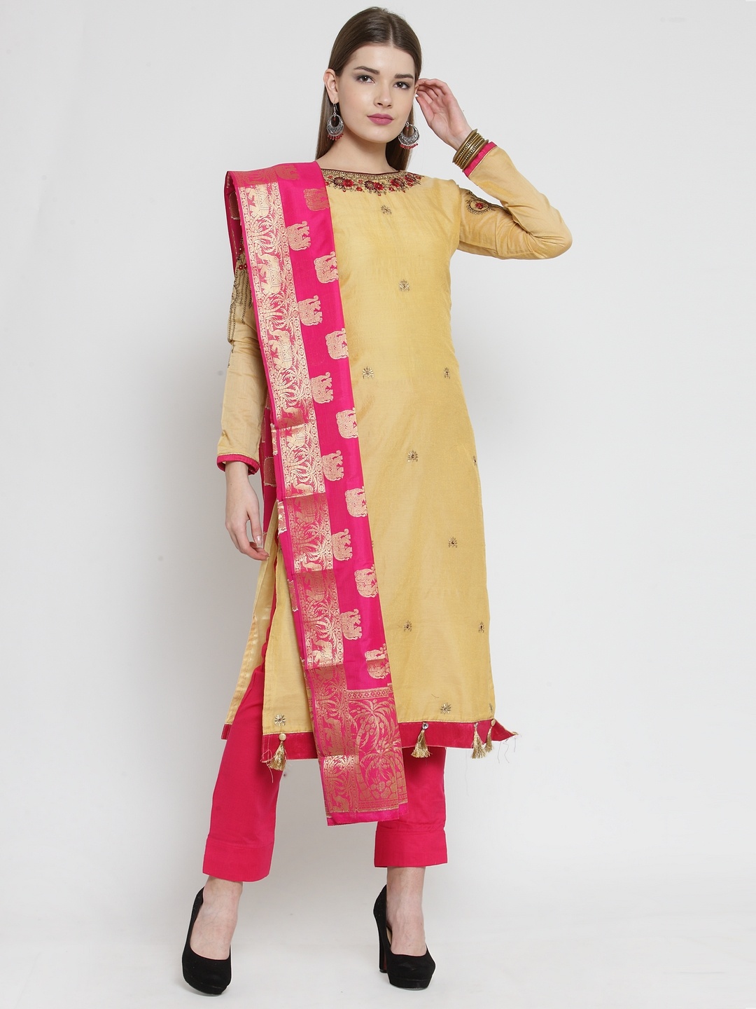 

mf Beige & Pink Silk Blend Unstitched Dress Material