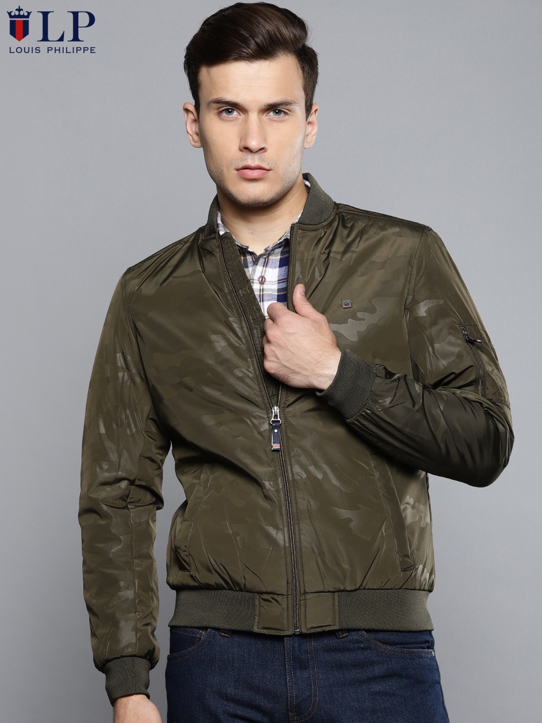 

Louis Philippe Sport Men Olive Green Printed Bomber Jacket
