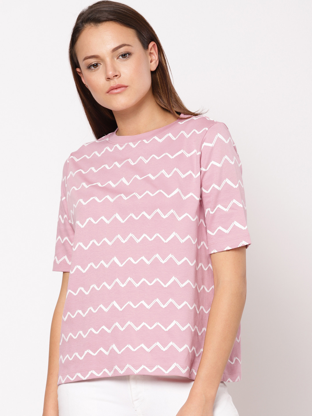 

ether Women Pink Printed Round Neck Boxy Pure Cotton T-shirt