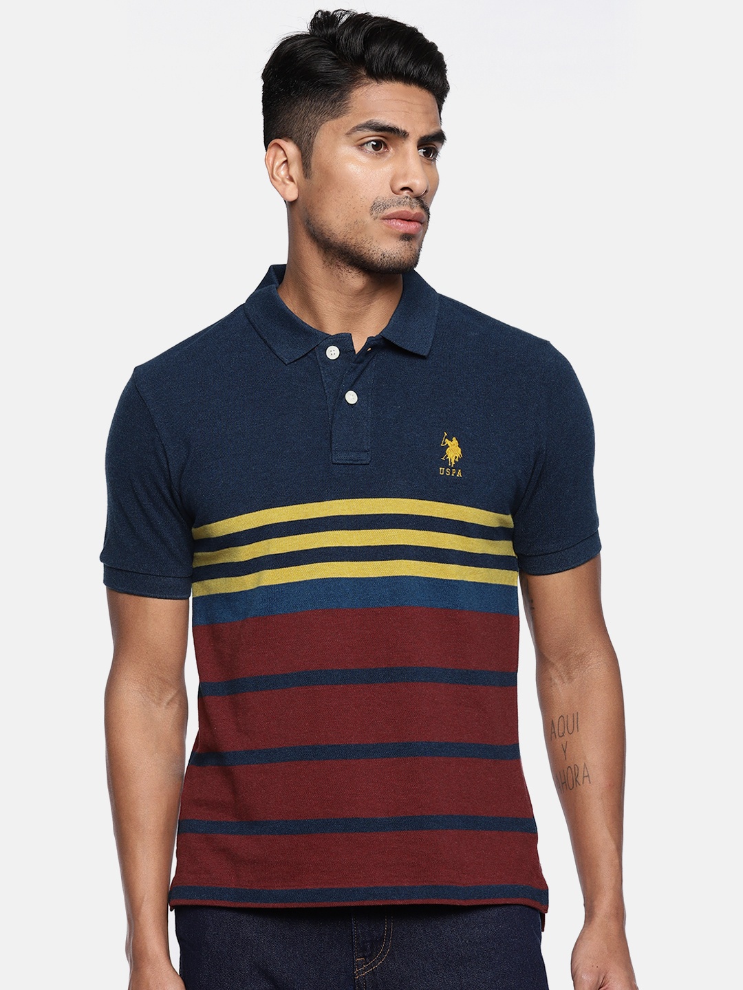 

U.S. Polo Assn. Men Navy Blue Maroon Striped Polo Collar Pure Cotton T-shirt