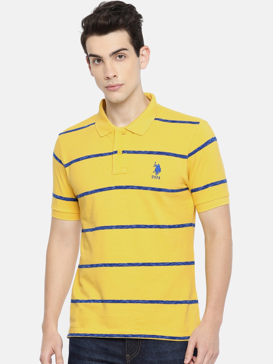 

U.S. Polo Assn. Men Yellow & Blue Striped Polo Collar T-shirt