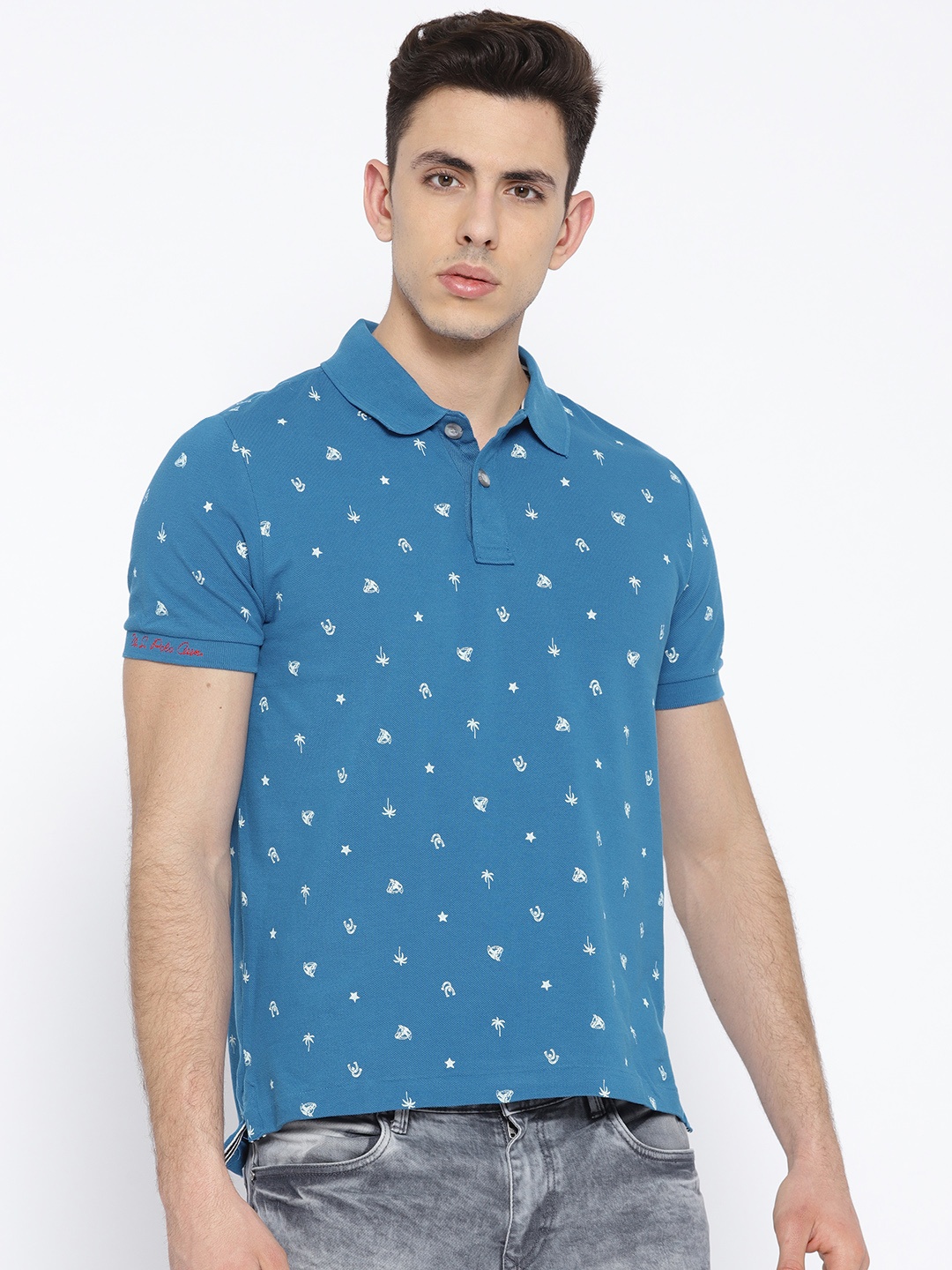 

U.S. Polo Assn. Denim Co. Men Blue Printed Polo Collar Pure Cotton T-shirt