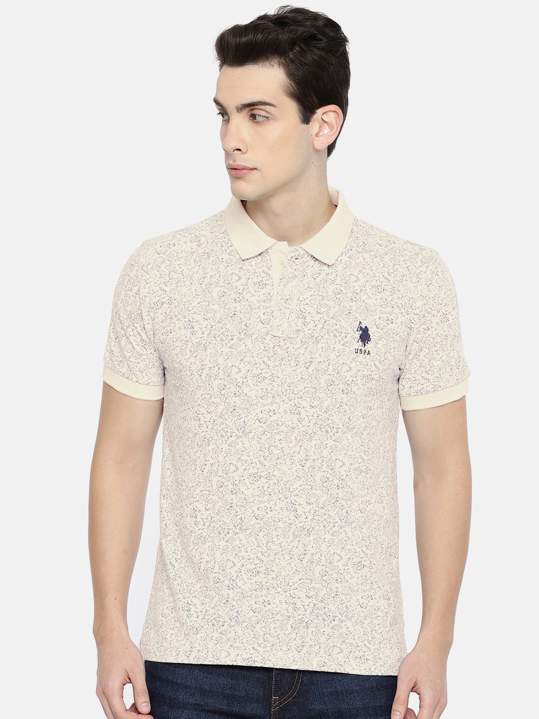 

U.S. Polo Assn. Men Off-White & Blue Printed Polo Collar T-shirt